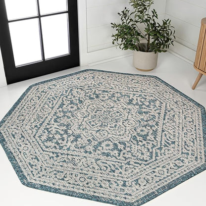 JONATHAN Y Medallion Weave Indoor Outdoor Octagon Area Rug 8 Ft Teal Blue/Gray, Sinjuri Textured for Backyard, Patio, Porch, Easy-Cleaning, High Traffic, Pet-Friendly, Non-Shedding (SMB101C-8TGN)