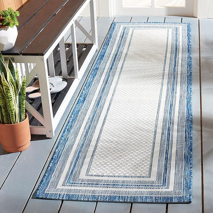 SAFAVIEH Washable Rug Outdoor Courtyard Collection - 2'3" x 18' Runner, Ivory & Navy, Non-Shedding & Easy Cleaning, Ideal for Patio, Entryway, Mudroom, Hallway, Kitchen (CY8475)