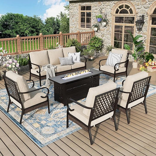 Patio Furniture Set with Firepit Table, Black Frame Outdoor Conversation Set with 4 x Fixed Chairs, 1 x 3-Seat Sofa for Lawn Garden Backyard, Beige