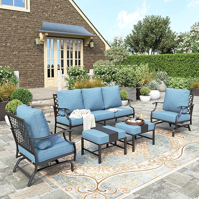 HERA'S HOUSE 5 Pieces Patio Furniture Set, 2 x Rocking Chair, 2 x Ottoman, 1 x 3-Seat Sofa, All Cushioned 7 Seats Metal Outdoor Conversation Set for Lawn Garden Backyard