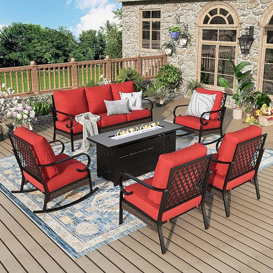 Patio Furniture Set with Firepit Table, Black Frame Outdoor Conversation Set with 2 x Fixed Chairs, 2 x Rocking Chairs, 1 x 3-Seat Sofa for Lawn Garden Backyard, Red