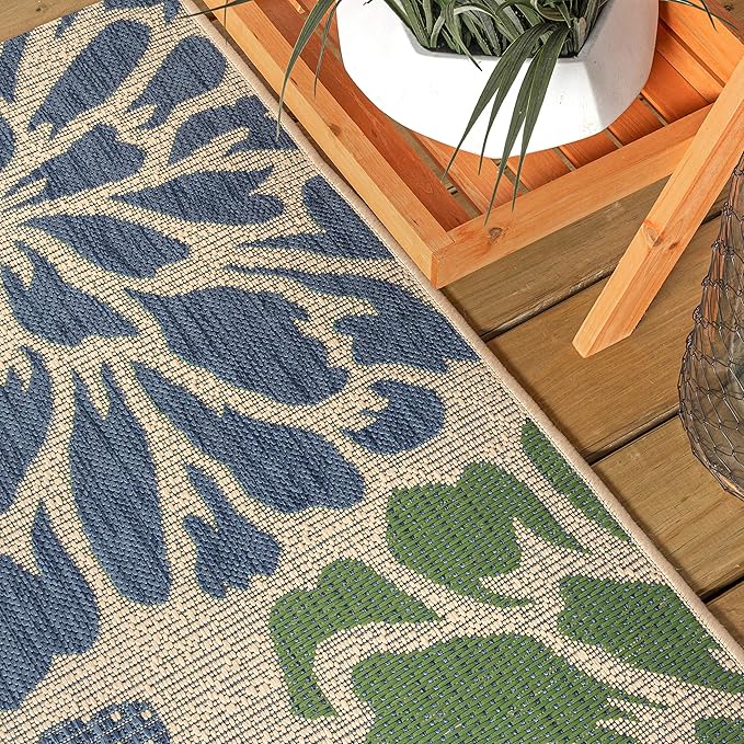 JONATHAN Y Floral Textured Weave Indoor Outdoor Square Area Rug 8X8 Navy/Green, Zinnia Modern for Backyard, Patio, Porch, Easy-Cleaning, High Traffic, Pet-Friendly, Non-Shedding (SMB110B-8SQ)