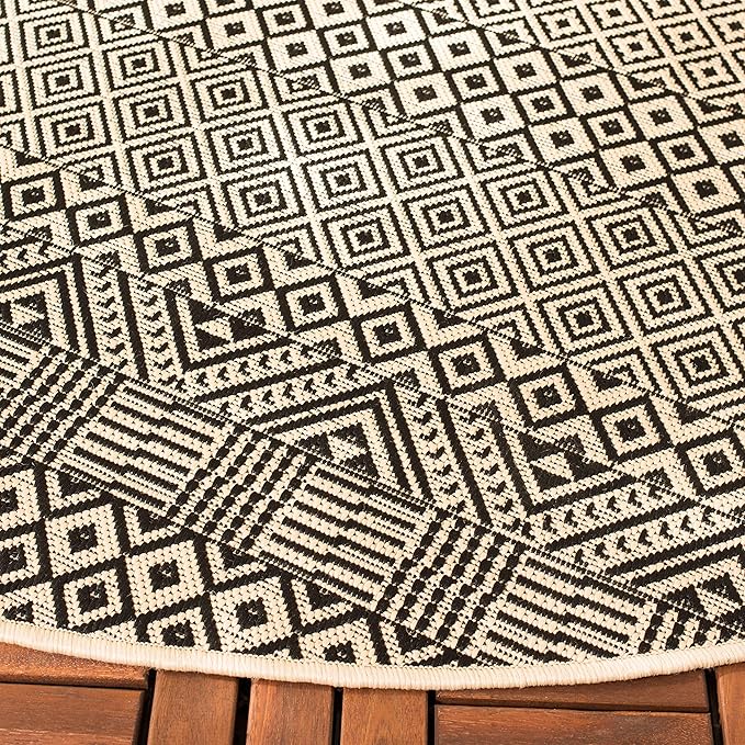 SAFAVIEH Courtyard Collection 4' Round Beige/Black CY6235 Moroccan Indoor/ Outdoor Waterproof Easy Cleaning Patio Backyard Mudroom Area Rug