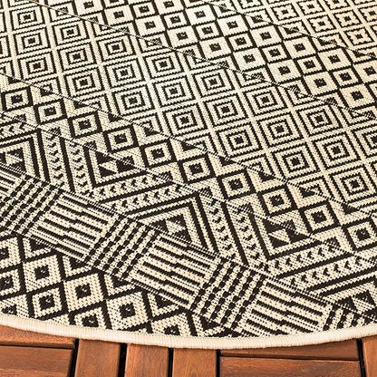 SAFAVIEH Courtyard Collection 5'3" Round Beige/Black CY6235 Moroccan Indoor/ Outdoor Waterproof Easy Cleaning Patio Backyard Mudroom Area Rug