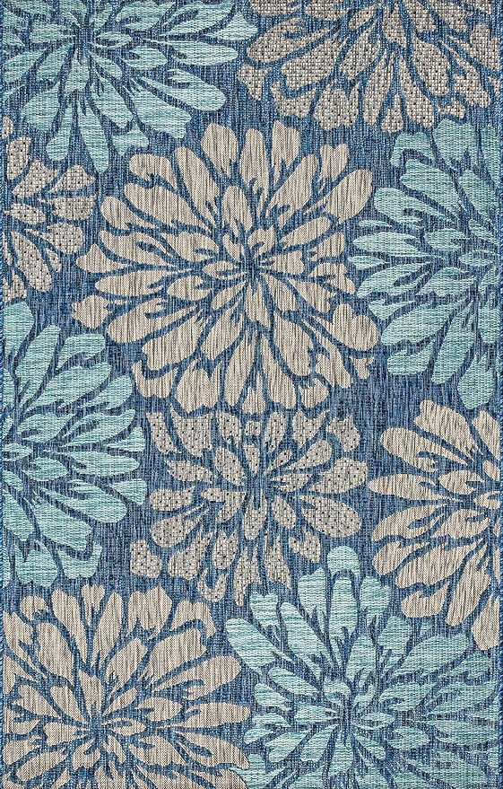 JONATHAN Y Floral Textured Weave Indoor Outdoor Area Rug 5X8 Navy/Aqua, Zinnia Modern for Backyard, Patio, Porch, Easy-Cleaning, High Traffic, Pet-Friendly, Non-Shedding (SMB110C-5)