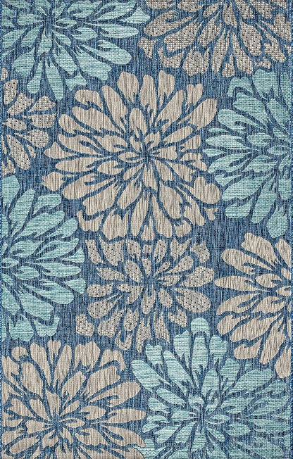JONATHAN Y Floral Textured Weave Indoor Outdoor Area Rug 5X8 Navy/Aqua, Zinnia Modern for Backyard, Patio, Porch, Easy-Cleaning, High Traffic, Pet-Friendly, Non-Shedding (SMB110C-5)