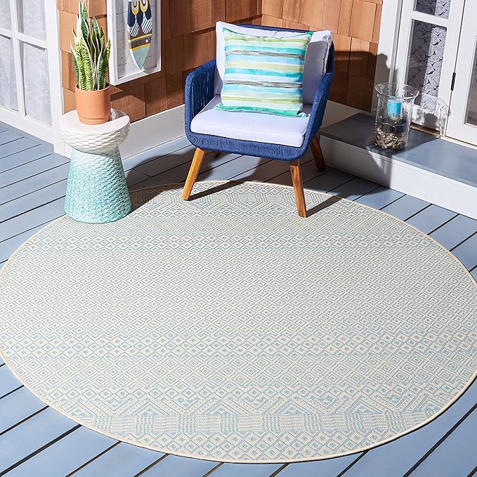 SAFAVIEH Courtyard Collection 4' Round Beige/Aqua CY6235 Moroccan Indoor/ Outdoor Waterproof Easy Cleaning Patio Backyard Mudroom Area Rug