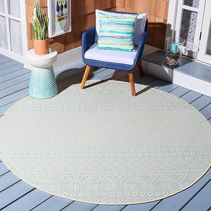 SAFAVIEH Courtyard Collection 4' Round Beige/Aqua CY6235 Moroccan Indoor/ Outdoor Waterproof Easy Cleaning Patio Backyard Mudroom Area Rug