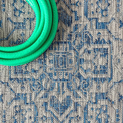 JONATHAN Y Medallion Weave Indoor Outdoor Square Area Rug 5X5 Navy/Gray, Sinjuri Textured for Backyard, Patio, Porch, Easy-Cleaning, High Traffic, Pet-Friendly, Non-Shedding (SMB101B-5SQ)