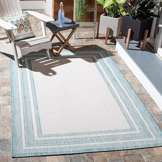 SAFAVIEH Courtyard Collection 9' x 12' Ivory / Aqua CY8475 Indoor/ Outdoor Waterproof Easy-Cleaning Patio Backyard Mudroom Area-Rug