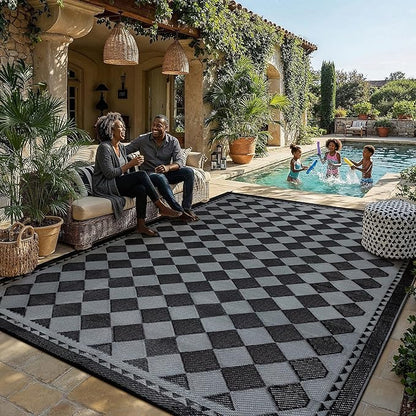 HUGEAR Outdoor Waterproof Rug 9'x12' Plastic Straw Rugs Washable Reversible Floor Mat Black/Grey Plaid Carpet for Camping RV Deck Entryance Porch Picnic Balcony Beach Backyard