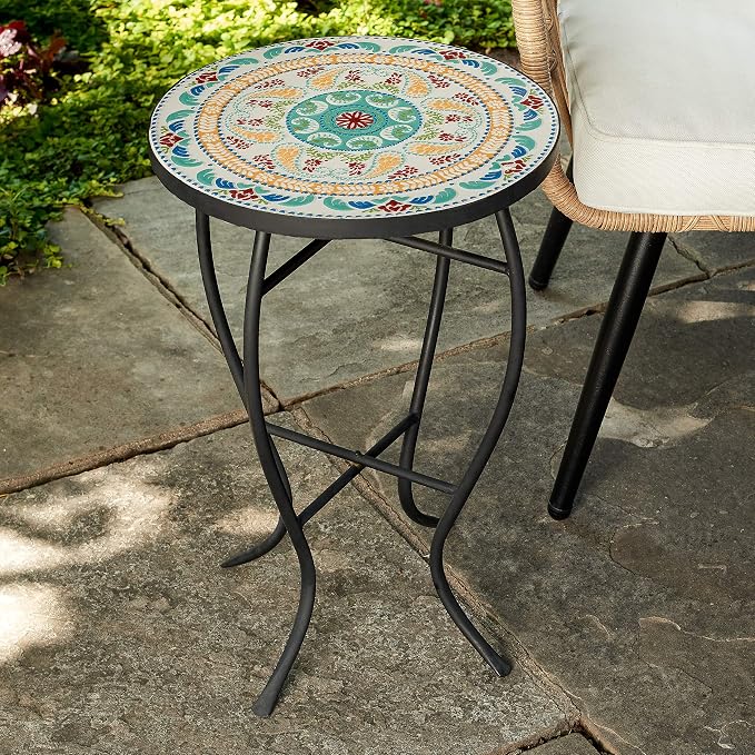 Quality Outdoor Living 29-KY02BL Accent Side Table - Small, Colorful Mosaic Design, Rust-Resistant Steel Frame, Blue