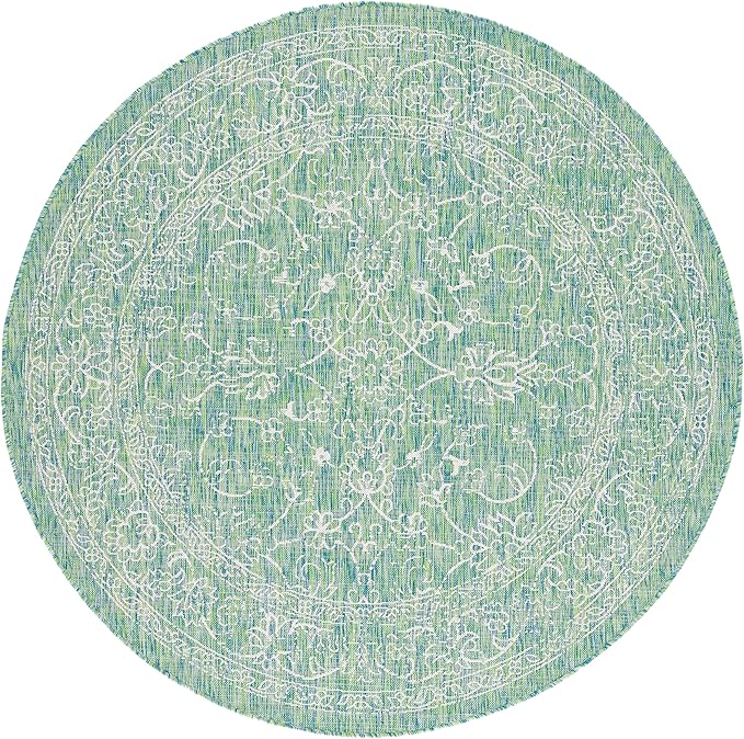 SAFAVIEH Washable Rug Outdoor Courtyard Collection - 7'10" Round, Green & Ivory, Non-Shedding & Easy Cleaning, Ideal for Patio, Backyard, Mudroom (CY8680-55721)