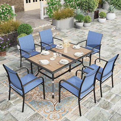 HERA'S HOUSE Patio Table and Chairs Set, 60" Rectangular Outdoor PVC Table with Umbrella Hole, 7 Pieces Outdoor Dining Furniture Sets with 6 Patio Chairs for Backyard Lawn Garden Porch(Blue)