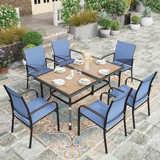 HERA'S HOUSE Patio Table and Chairs Set, 60" Rectangular Outdoor PVC Table with Umbrella Hole, 7 Pieces Outdoor Dining Furniture Sets with 6 Patio Chairs for Backyard Lawn Garden Porch(Blue)