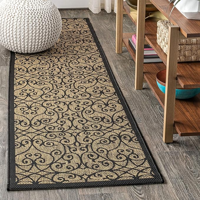 JONATHAN Y Vintage Filigree Indoor Outdoor Runner Rug 2X14 Black/Khaki, Madrid Textured Weave for Backyard, Patio, Porch, Easy-Cleaning, High Traffic, Pet-Friendly, Non-Shedding (SMB107A-214)