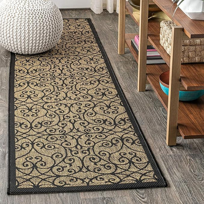 JONATHAN Y Vintage Filigree Indoor Outdoor Runner Rug 2X8 Black/Khaki, Madrid Textured Weave for Backyard, Patio, Porch, Easy-Cleaning, High Traffic, Pet-Friendly, Non-Shedding (SMB107A-28)
