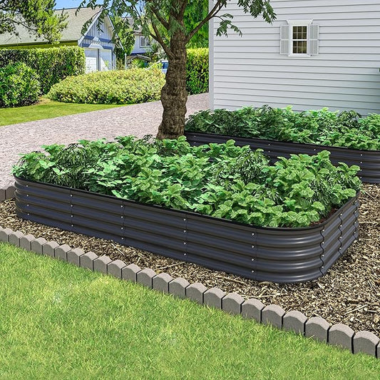 MUPATER 8x4x1FT Raised Garden Bed Outdoor, Modular Galvanized Steel Garden Bed Kit for Planting, Above Ground Planter Box Oval for Vegetables, Herbs and Flowers, Garden, Gray