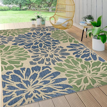 JONATHAN Y Floral Textured Weave Indoor Outdoor Area Rug 3X5 Navy/Green, Zinnia Modern for Backyard, Patio, Porch, Easy-Cleaning, High Traffic, Pet-Friendly, Non-Shedding (SMB110B-3)