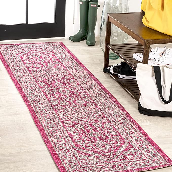 JONATHAN Y Medallion Weave Indoor Outdoor Runner Rug 2X8 Fuchsia/Light Gray, Sinjuri Textured for Backyard, Patio, Porch, Easy-Cleaning, High Traffic, Pet-Friendly, Non-Shedding (SMB101G-28)