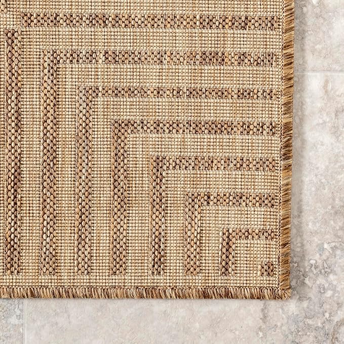 nuLOOM 8' x 10' Outdoor Area Rug, Casual Design With Striped Border, Stain Resistant, Highly Durable, For Patio, Balcony, Bedroom, Living Room, Dining Room, Bathroom, Light Brown
