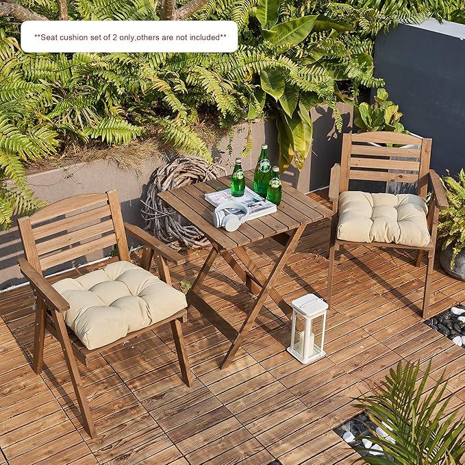 ARTPLANT Outdoor Dinning Seat Pads Cushions with Tie 19"x19"x4",Square Wicker Outdoor Tufted Chair Cushion,Set of 2,Beige