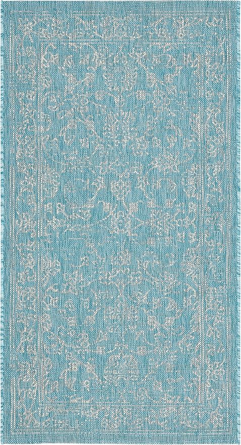 SAFAVIEH Washable Rug Outdoor Courtyard Collection - 2' x 3'7", Aqua Blue & Grey, Non-Shedding & Easy Cleaning, Ideal for Patio, Front Door, Entryway, Doormat (CY8680-37121)