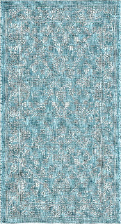 SAFAVIEH Washable Rug Outdoor Courtyard Collection - 2'7" x 5', Aqua Blue & Grey, Non-Shedding & Easy Cleaning, Ideal for Patio, Backyard, Mudroom (CY8680-37121)