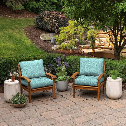 Arden Outdoor Plush Modern Tufted Blowfill Deep Seat Set, 24 x 24, Rain-Proof, Fade Resistant, Deep Seat Bottom and Back Cushion, Turquoise Daphne Medallion