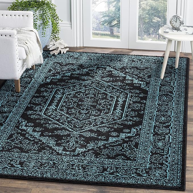 SAFAVIEH Adirondack Collection Area Rug - 6' Square, Black & Teal, Oriental Medallion Design, Non-Shedding & Easy Care, Ideal for High Traffic Areas in Living Room, Bedroom (ADR108K)