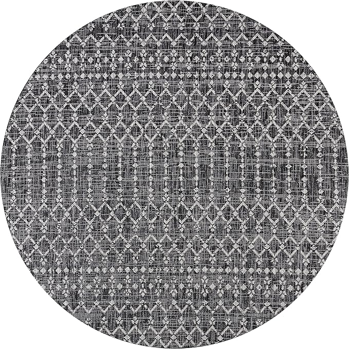 JONATHAN Y Moroccan Geometric Indoor Outdoor Round Area Rug 4 Ft Black/Gray, Ourika Textured Weave for Backyard, Patio, Porch, Easy-Cleaning, High Traffic, Pet-Friendly, Non-Shedding (SMB108F-4R)