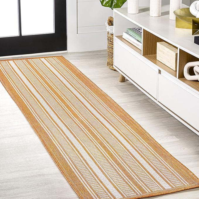 JONATHAN Y Double Stripe Indoor Outdoor Runner Rug 2X8 Orange/Cream, Haynes Modern for Backyard, Patio, Porch, Easy-Cleaning, High Traffic, Pet-Friendly, Non-Shedding (SMB202C-28)