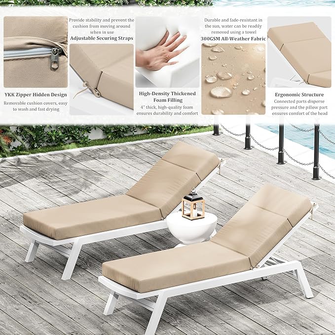 Chaise Lounge Cushion for Outdoor Furniture, Waterproof Fade and Tear Resistant Lounge Deck Chair Cushions for Patio Lawn Pool Resort Hotel