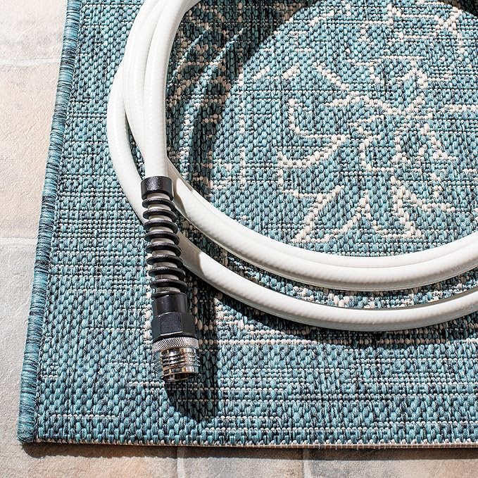SAFAVIEH Washable Rug Outdoor Courtyard Collection - 9' Square, Turquoise, Non-Shedding & Easy Cleaning, Ideal for Patio, Backyard, Mudroom (CY8680-37221)