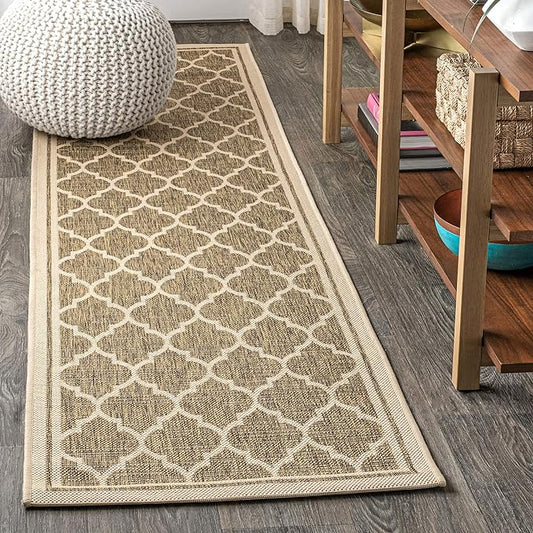 JONATHAN Y Moroccan Trellis Indoor Outdoor Runner Rug 2X14 Brown/Beige, Trebol Textured Weave for Backyard, Patio, Porch, Easy-Cleaning, High Traffic, Pet-Friendly, Non-Shedding (SMB109A-214)