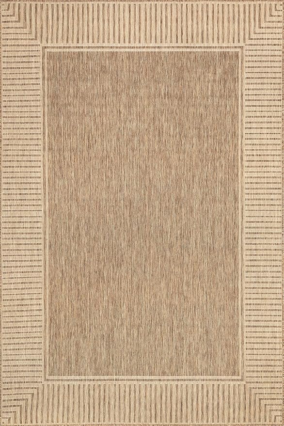 nuLOOM 2' x 3' Outdoor Area Rug, Casual Design With Striped Border, Stain Resistant, Highly Durable, For Patio, Balcony, Bedroom, Living Room, Dining Room, Bathroom, Light Brown