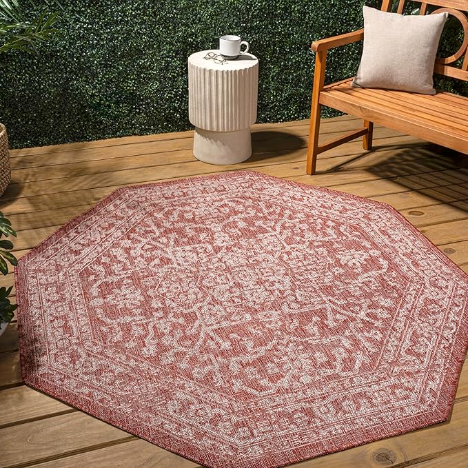JONATHAN Y Boho Medallion Indoor Outdoor Octagon Area Rug 5 Ft Red/Taupe, Malta Textured Weave for Backyard, Patio, Porch, Easy-Cleaning, High Traffic, Pet-Friendly, Non-Shedding (SMB104A-5TGN)