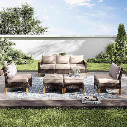 PHI VILLA Outdoor Heavy Duty Wicker Patio Conversation Set 7-Piece, Rattan Sectional Furniture Patio Set for 7 Seats with Cushioned 3 x Armrest Chair, 2 x Ottoman and 2 x Armless Sofa, Beige