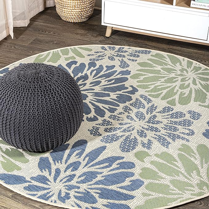 JONATHAN Y Floral Textured Weave Indoor Outdoor Round Area Rug 5 Ft Navy/Green, Zinnia Modern for Backyard, Patio, Porch, Easy-Cleaning, High Traffic, Pet-Friendly, Non-Shedding (SMB110B-5R)