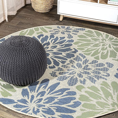 JONATHAN Y Floral Textured Weave Indoor Outdoor Round Area Rug 5 Ft Navy/Green, Zinnia Modern for Backyard, Patio, Porch, Easy-Cleaning, High Traffic, Pet-Friendly, Non-Shedding (SMB110B-5R)