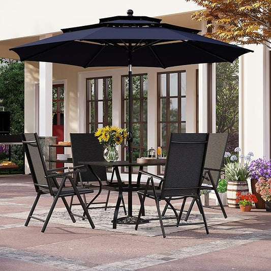PHI VILLA 5 Piece Outdoor Dining Set with 10ft Umbrella (Navy Blue), Patio Table and Chairs for 4 with Lightweight Folding Dining Chairs & Metal Square Dining Table for Yard, Garden and Deck