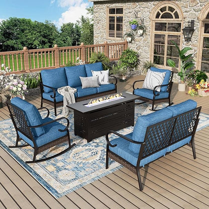Patio Furniture Set with Firepit Table, Black Frame Outdoor Conversation Set with 2 x Rocking Chairs, 1 x 2-Seat Sofa, 1 x 3-Seat Sofa for Lawn Garden Backyard, Pacific Blue
