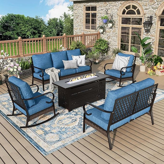 Patio Furniture Set with Firepit Table, Black Frame Outdoor Conversation Set with 2 x Rocking Chairs, 1 x 2-Seat Sofa, 1 x 3-Seat Sofa for Lawn Garden Backyard, Pacific Blue