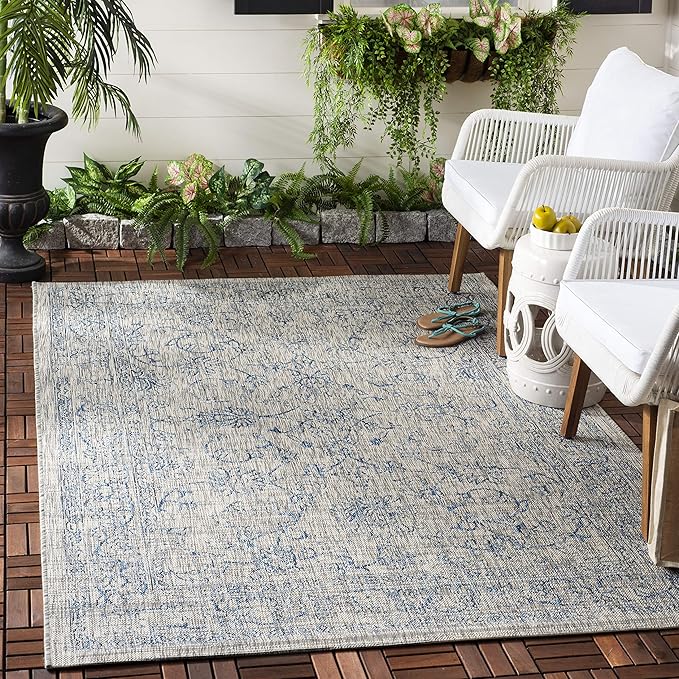 SAFAVIEH Washable Rug Outdoor Courtyard Collection - 5'3" Square, Grey & Navy, Non-Shedding & Easy Cleaning, Ideal for Patio, Backyard, Mudroom (CY8680-36812)