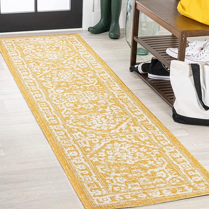 JONATHAN Y Boho Medallion Indoor Outdoor Runner Rug 2X10 Yellow/Cream, Malta Textured Weave for Backyard, Patio, Porch, Easy-Cleaning, High Traffic, Pet-Friendly, Non-Shedding (SMB104G-210)