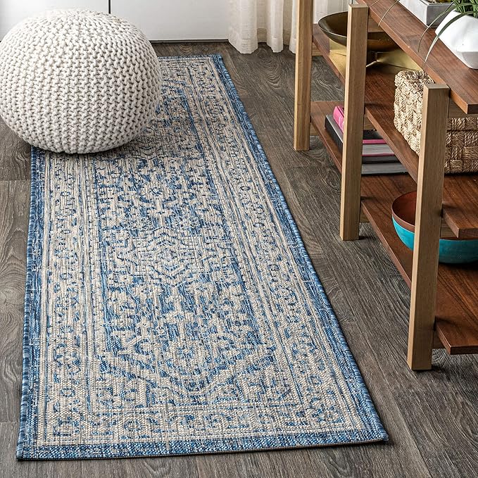 JONATHAN Y Medallion Weave Indoor Outdoor Runner Rug 2X8 Navy/Gray, Sinjuri Textured for Backyard, Patio, Porch, Easy-Cleaning, High Traffic, Pet-Friendly, Non-Shedding (SMB101B-28)