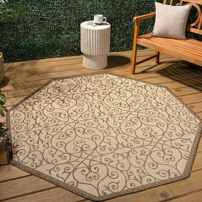 JONATHAN Y Vintage Filigree Indoor Outdoor Octagon Area Rug 8 Ft Beige/Brown, Madrid Textured Weave for Backyard, Patio, Porch, Easy-Cleaning, High Traffic, Pet-Friendly, Non-Shedding (SMB107B-8TGN)