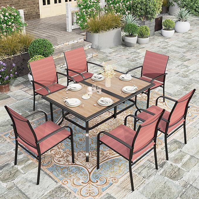 HERA'S HOUSE Patio Table and Chairs Set, 60" Rectangular Outdoor PVC Table with Umbrella Hole, 7 Pieces Outdoor Dining Furniture Sets with 6 Patio Chairs for Backyard Lawn Garden Porch(Red)