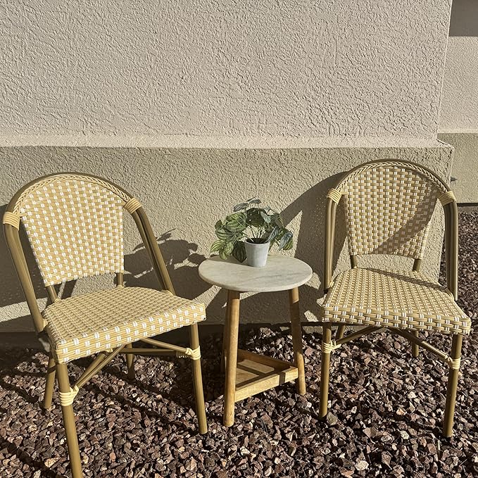 PURPLE LEAF Bistro Chair (Set of 2) French Hand-Woven Wicker Chairs for Outdoor Patio Porch Garden Indoor, Bamboo Print Finish, Cream Yellow, Dining Chairs