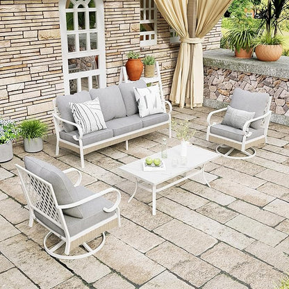 4 Piece Patio Furniture Set, 2 x Swivel Chair, 1 x 3-Seat Sofa with Marbling Coffee Table, 5 Seats Outdoor Conversation Set for Lawn Garden Backyard, Light Gray